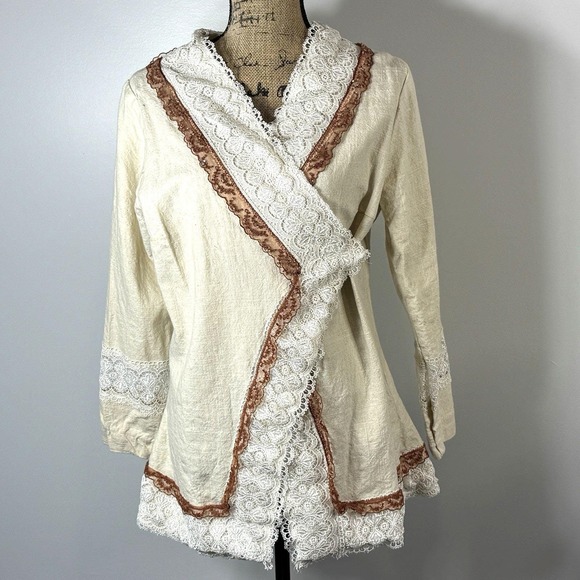 Boho Cottagecore Linen Lace Jacket‎ Top S/M Handmade Look Bead Trim Unique - Picture 1 of 8